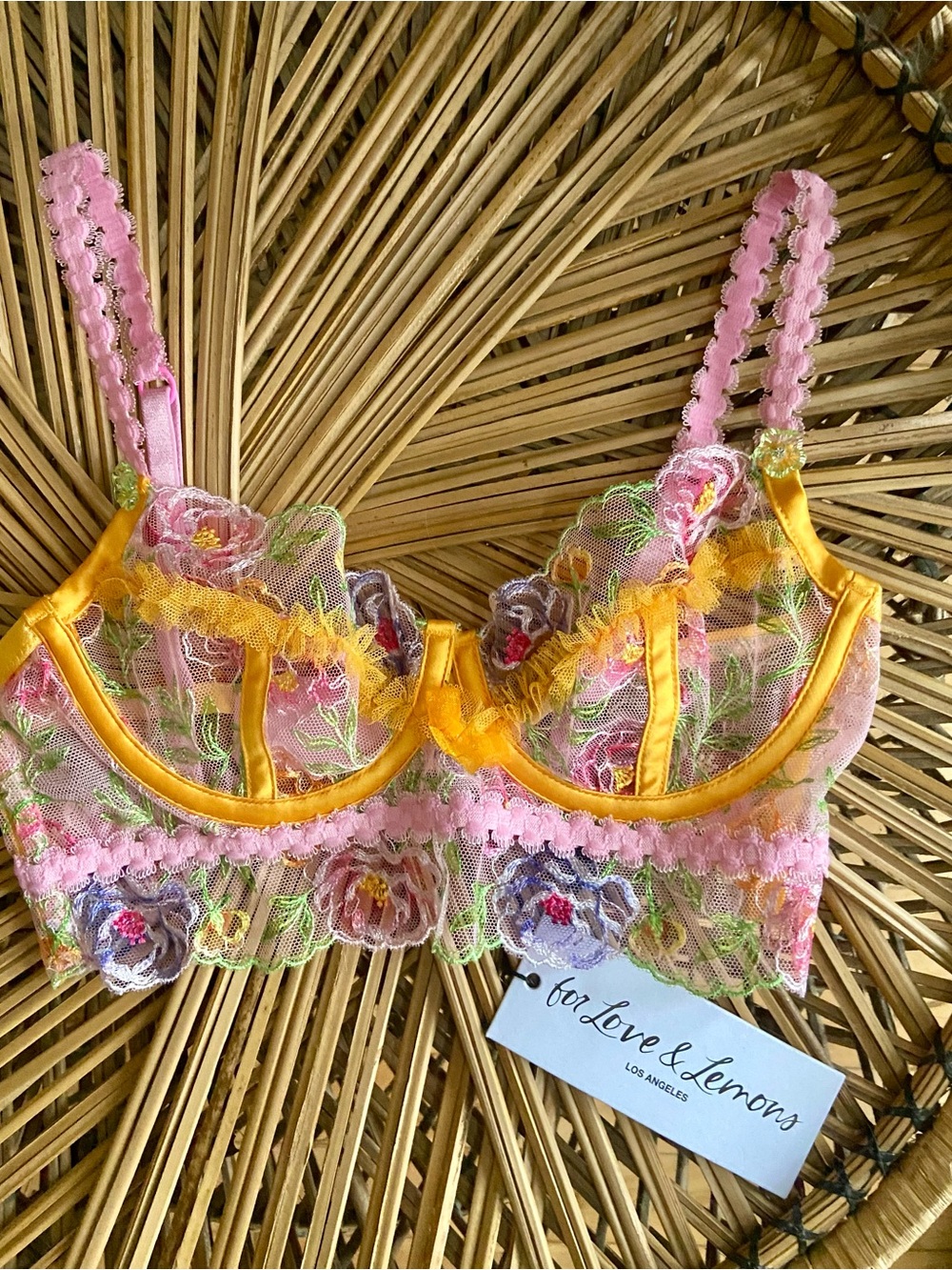 For Love & Lemons Lace Sorbet Floral Embroidered Balconette Bra NWT XXS